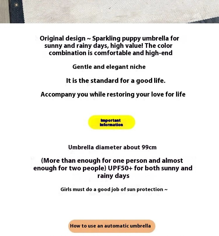 Automatic Fold Umbrella with Shiny Puppy Design | All-Weather UV Sunshade | High - End Ins Style for Women