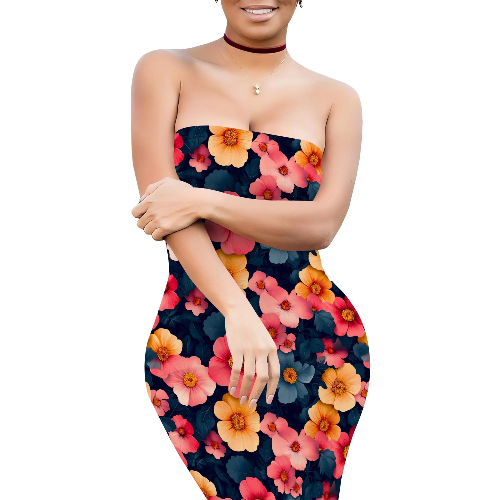 Women's Summer Casual Tube Top Sexy Strapless Bodycon Midi Drees Club Party Dresses