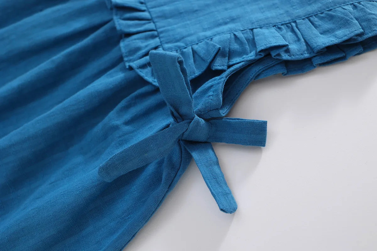 New Summer Kids Sundress Korean Style Ruffled Blue Vest Style Dress for Girls Children Sleeveless Dress 4-6Y Girls