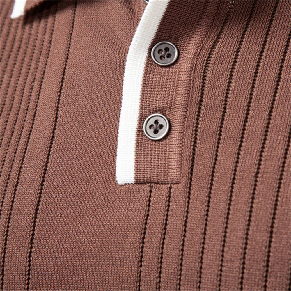 2025 Men's Button Down Polo Shirt Solid Colour Stripe Long Sleeve Autumn Winter Luxury Warm Touch Business Casual Polo Men's Shirts
