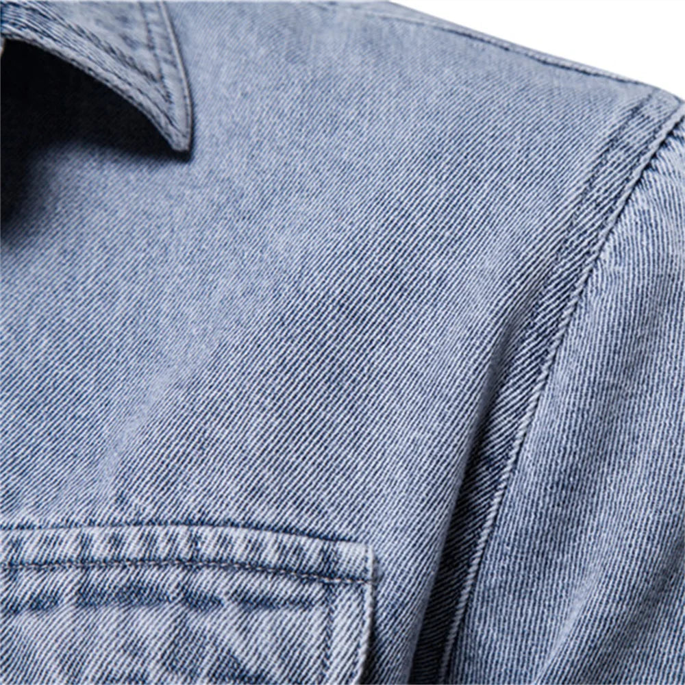 Men's 100% Cotton Denim Shirts Solid Colour Double Pocket Casual Long Sleeve Shirts Autumn Thickened Shirts For Men