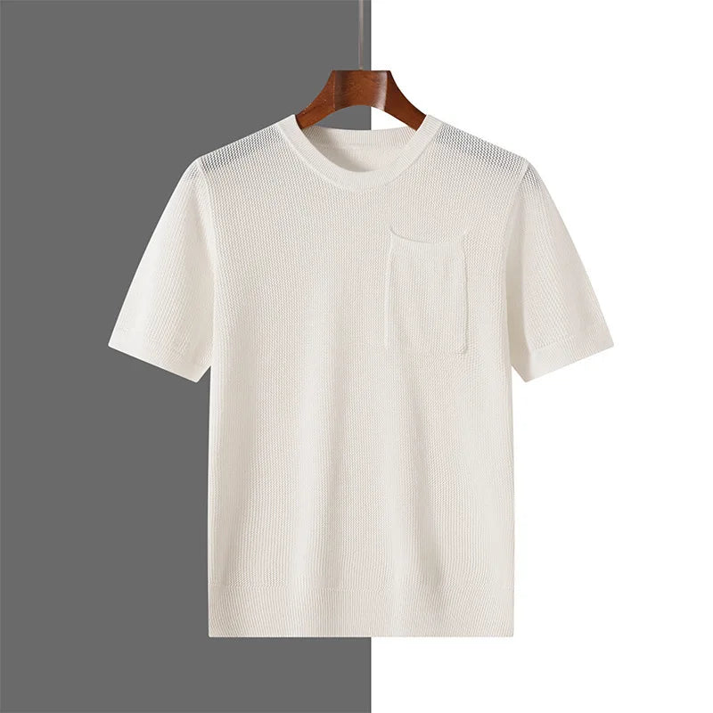 Men's 100% Cotton Pocket T-Shirt With Hollow-Out and Hollow O-neck Design, Breathable, Sweat-Wicking Daily Undershirt