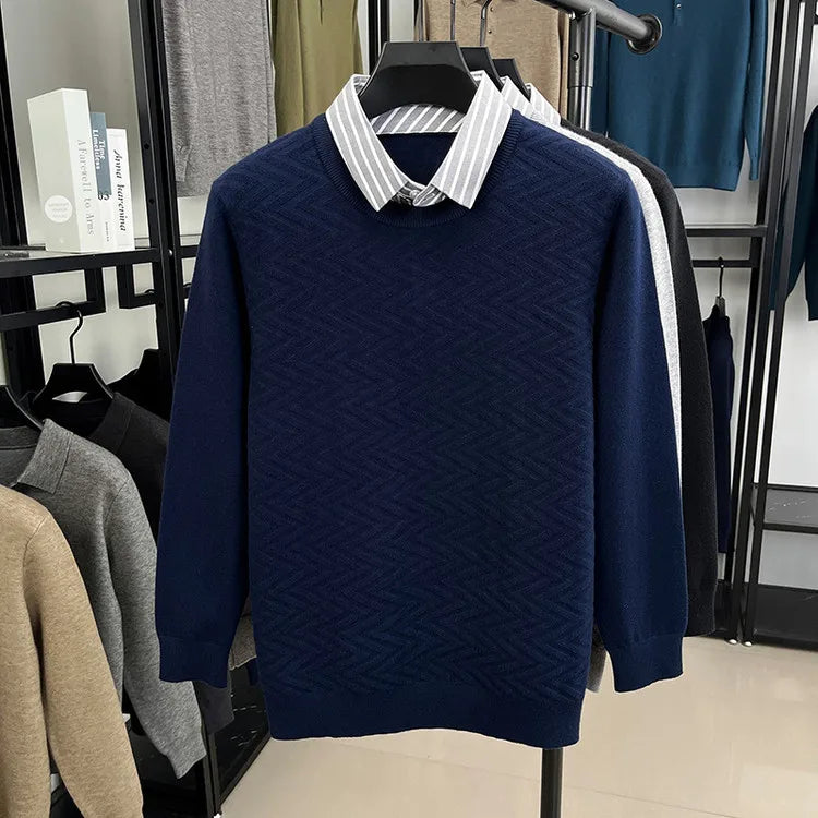 Men's Knitted Sweater With Shirt Collar - Vintage Style Fake Layered Business Casual, Pullover Old Money Style Top