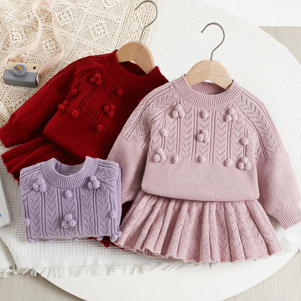 Autumn Children Sweater Set Hollow Knitting Girls Knitwear + Skirt Korean Version Loose Kids Outfit 2PCS 9M-5T Girls