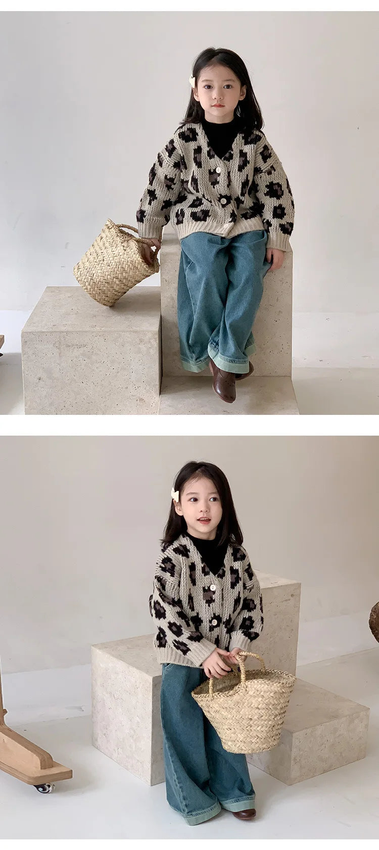 Girls' Autumn Vintage Korean Trendy Leopard Knit V-Neck Cardigan Coat For Children 1-7Y