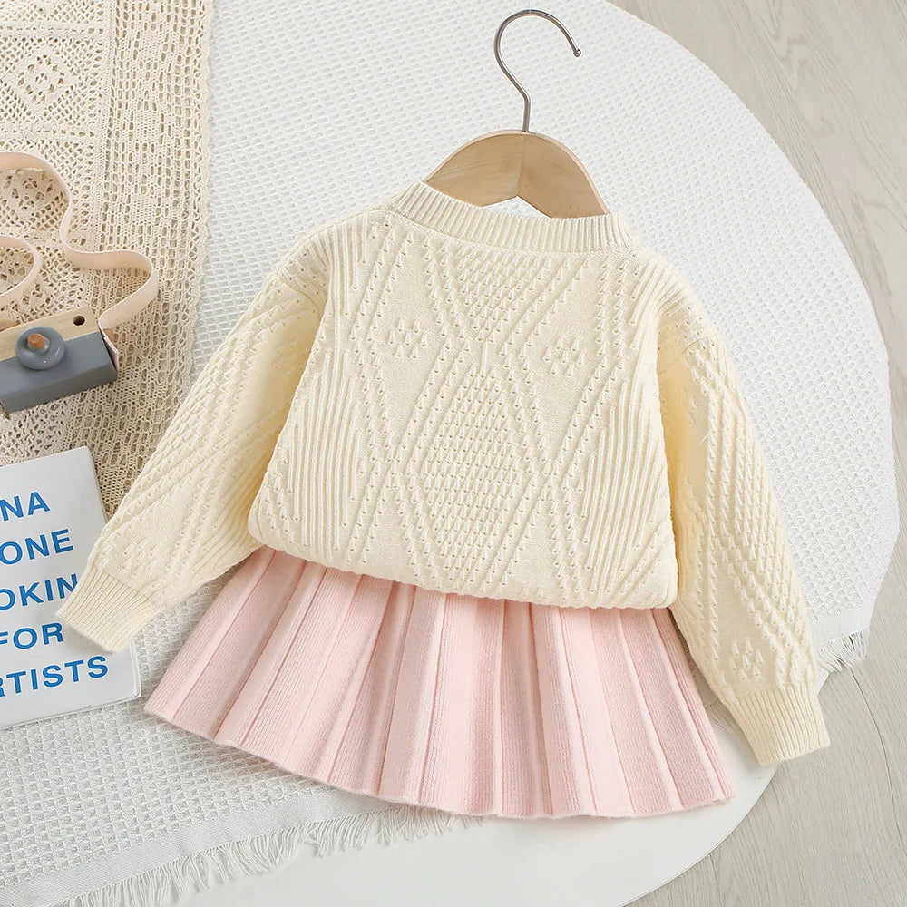 Autumn Kids Clothes 2PCS Set Candy Colour Bow Girls Knitted Sweater + Short Skirt Korean Loose Children Outfit 9M-5T