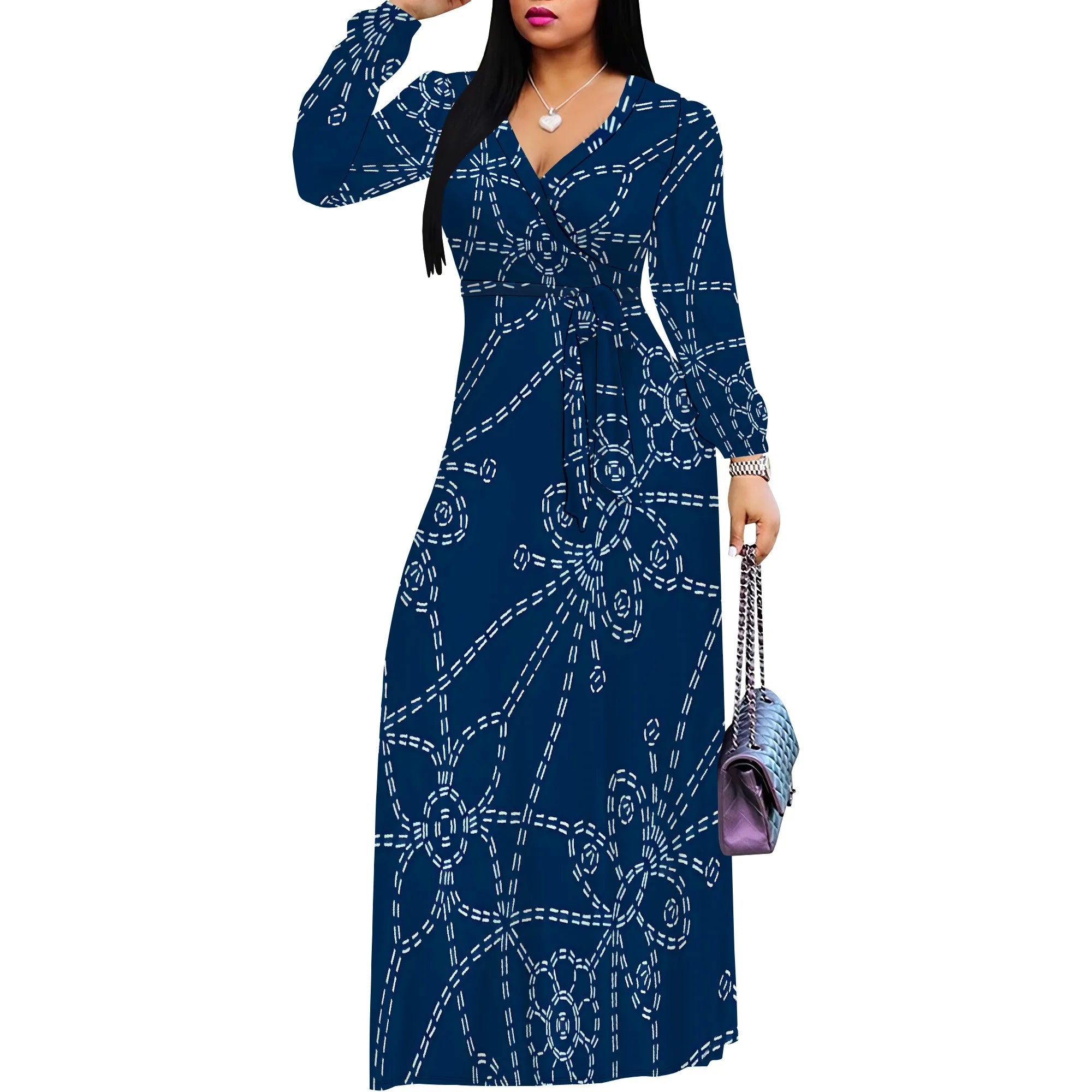 Elegant V-Neck Long Sleeve Geometric Print Maxi Dress for Women Autumn Vacation Style