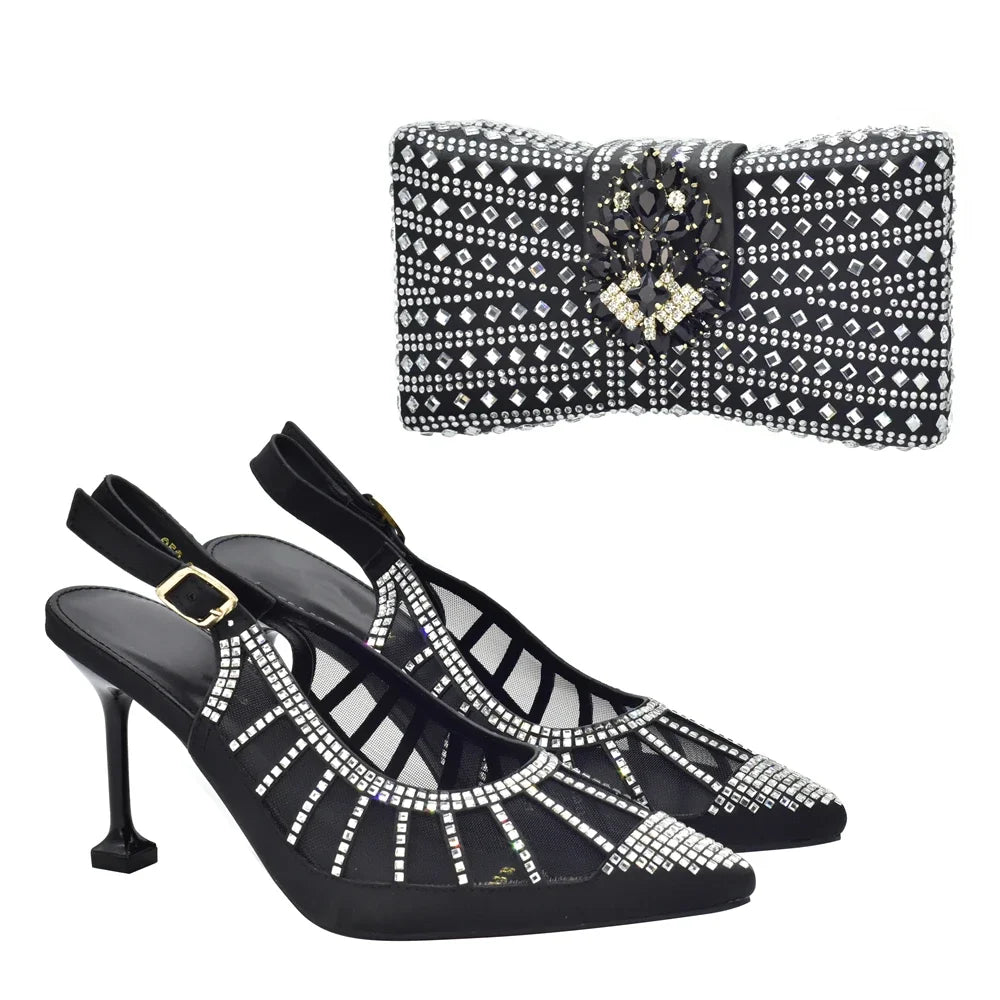 2025 Italian Shoes and Bags Matching Set Decorated with Rhinestone Plus Size Heels