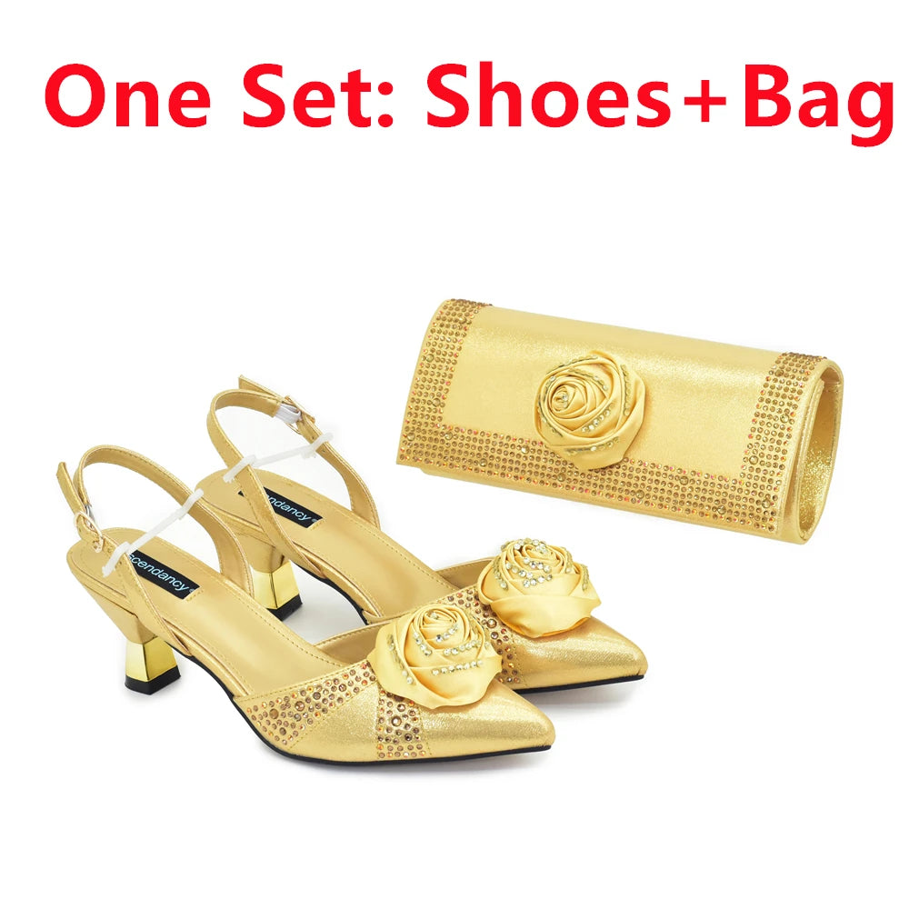 2025 Italian Design African Women's High Heels Pointed Toe Sandals Party Wedding Party Shoes and Bags Set for Wedding