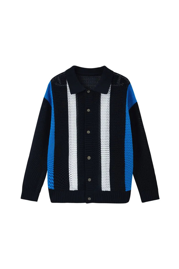 Men's Autumn/Winter Colour-Block Striped Polo Collar Knitted  High Quality Hollow Out Cardigan With 60% Cotton