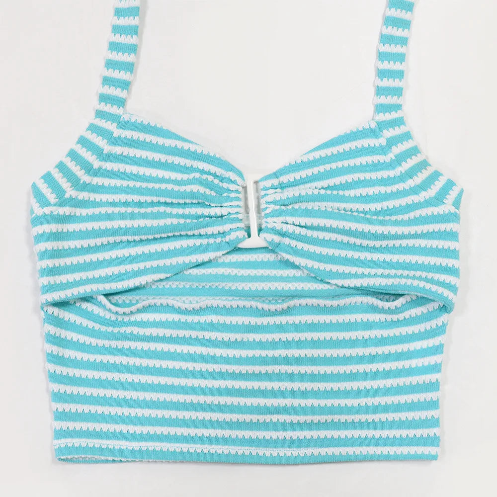 Women's Sexy Halter Backless Striped Sleeveless Top and High Waist Pencil Pants 2pcs Set
