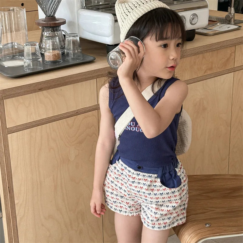 2025 Zomer Nieuwe Baby Meisjes Strik Print Shorts Katoenen Kinderen Losse Shorts Kinderen Veelzijdige Casual Broek Ademende Peuterkleding 4-6Y