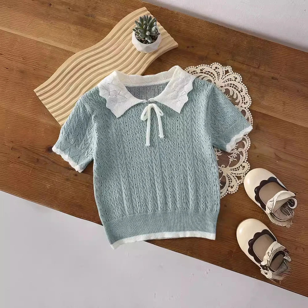 Kid's Knitted T-shirt Girls Simple Turn Down Collar Pullover Children's Thin Hollow Out Knit Short Sleeve Tee 1-6Y Girls