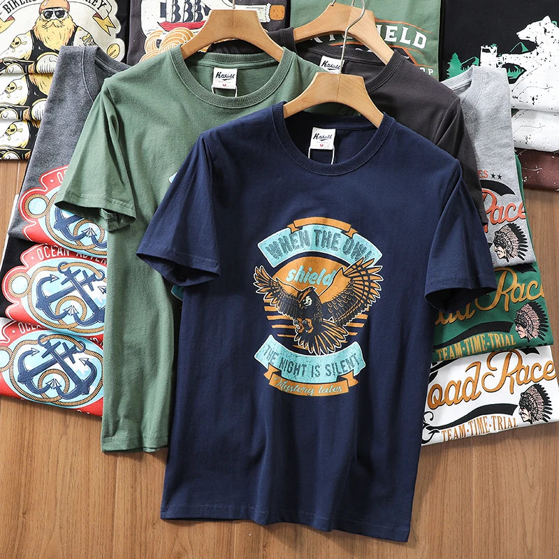 2025 Summer New American Retro 250g Short Sleeve O-neck Printed T-shirt Men's Fashion 100% Cotton Washed Casual Loose Tops