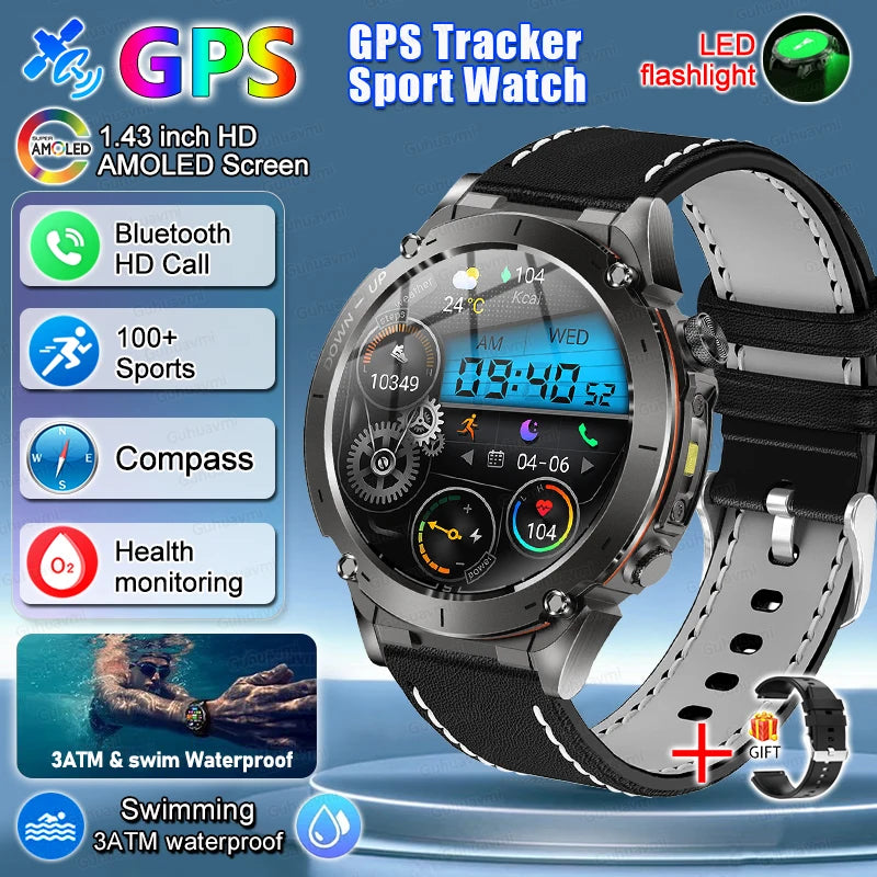 2025 New Rugged Military GPS Smart Watch Built-In GPS Tracker Compass Sports Fitness Tracking Smartwatch - Compatible with HUAWEI & Xiaomi IOS