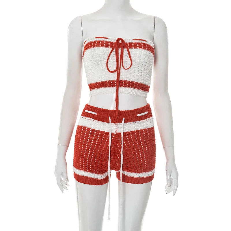 Crochet 2 Piece Set Women Hollow Beach Vacation Shirring Strapless Tops + Contrast Shorts Matching Tight Stretch Suits