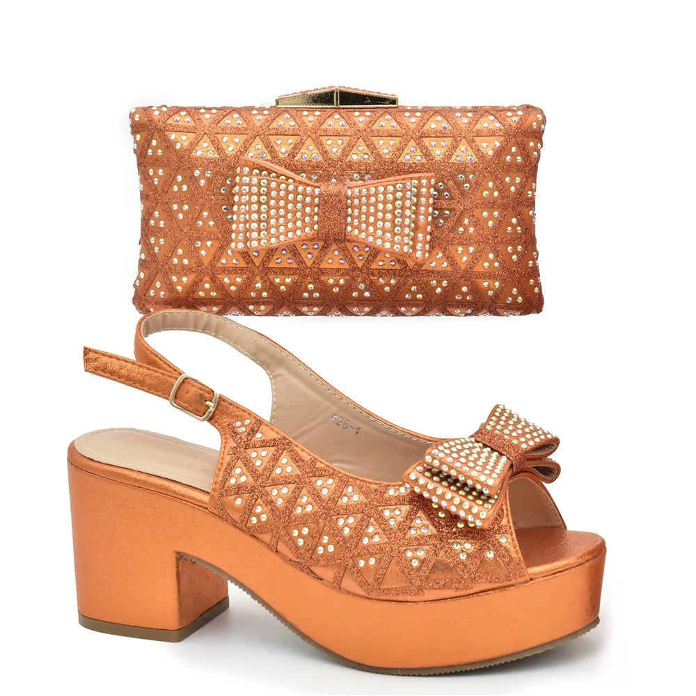 African Women Wedding Shoes and Bag Set Decorated with Rhinestone Africa Shoe and Bags Set Wedges Shoes for Women