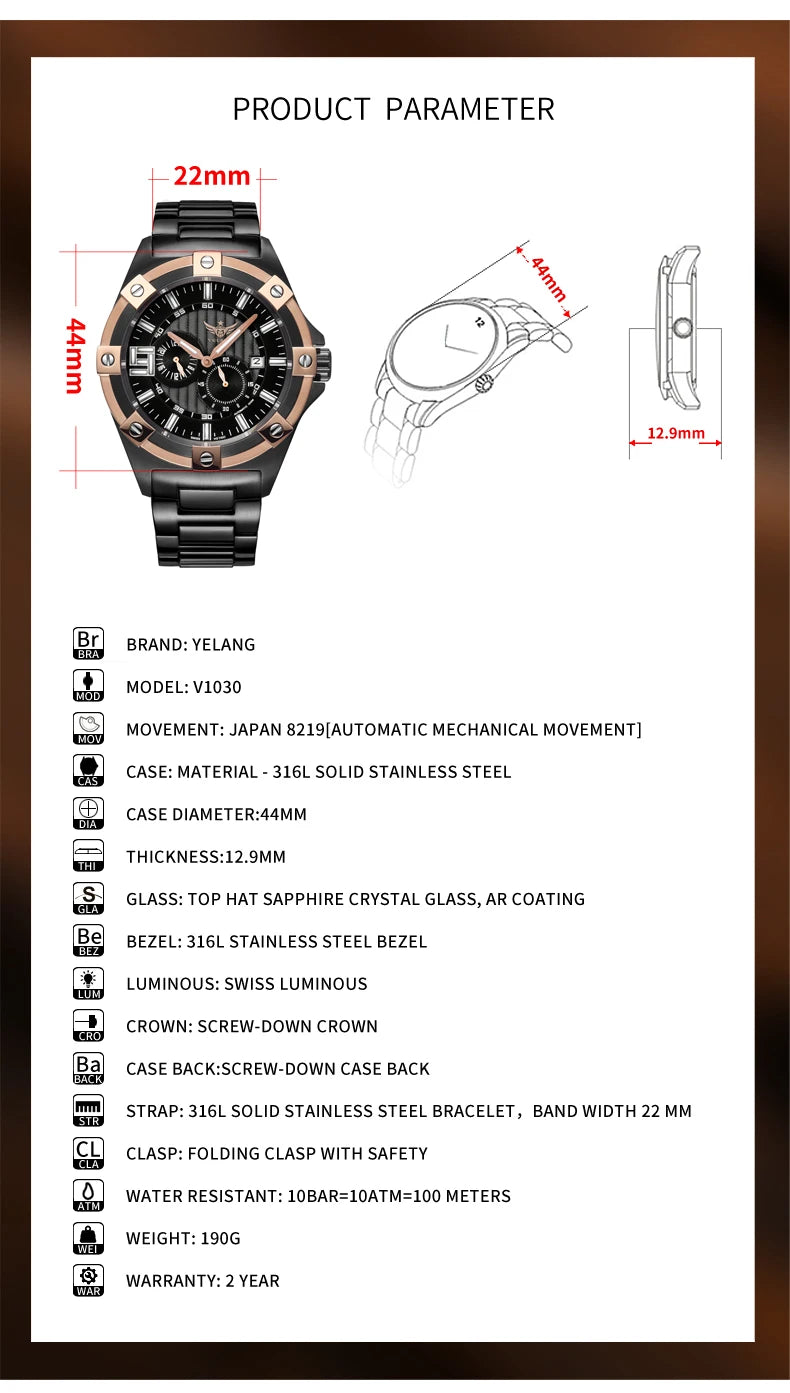 Yelang V1030 Men Brand Watches Japan MIYOTA 8219 Automatic Mechanical Luxury Wristwatch Swiss Luminous Waterproof T100 Watch