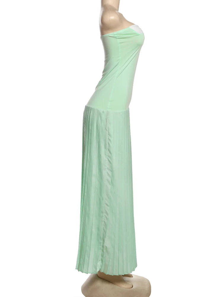 Patchwork Strapless Sexy Dress Women 2025 Summer Elegant Slim High Stretch Draped Pleated Birthday Party Bodycon