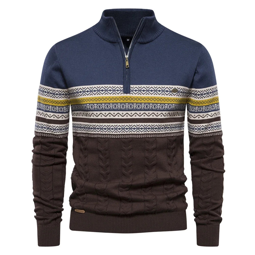 Men's High Quality Cotton Quarter Zipper Pullover Sweaters Warm Autumn Winter Mock Neck Retro Knitted Sweaters for Men