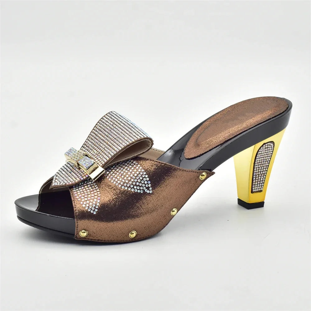 Gold Color Women Slippers Shoes African Women Wedding Shoes Elegant Italian Woman Shoes with Stone High Heels Woman Summer Pumps