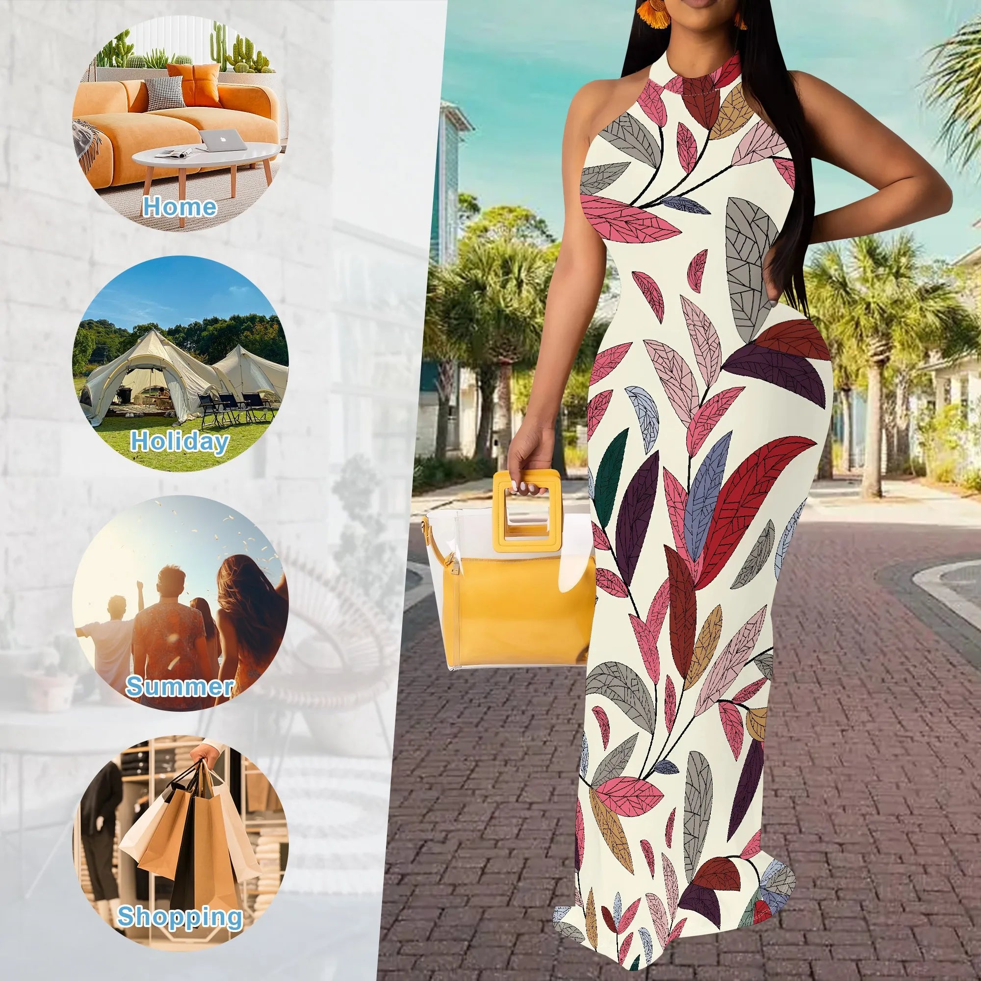 Vintage Leaf Print Halter Neck Maxi Dress for Women Elegant Slim Fit Sleeveless Summer Style