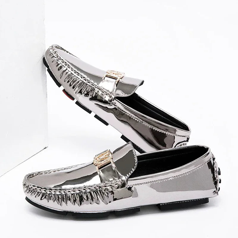 New Cool Male Formal Dress Shoes Silver Casual Moccasin Shoes for Men Large Size 38-48 Youth Fashion Popular Driving Loafers