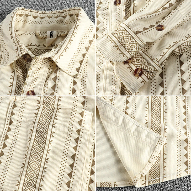 Lente Nieuwe Amerikaanse Retro Lange Mouw Revers Navajo Totem Bedrukt Shirt Herenmode 100% Katoen Gewassen Casual Blouses Dunne Jas