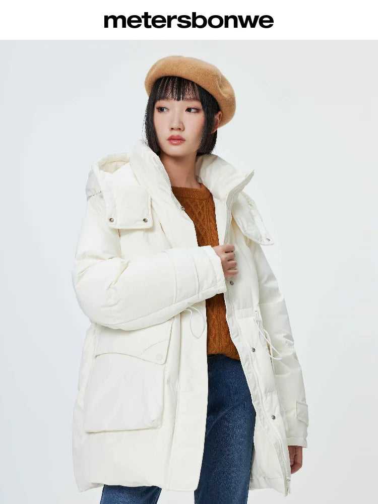 Women's Winter Warm Oversized Long Hooded Down Jacket, Adjustable Pig Nose, Buckle Waist Belt Utility Duck Down Parka For Ladies