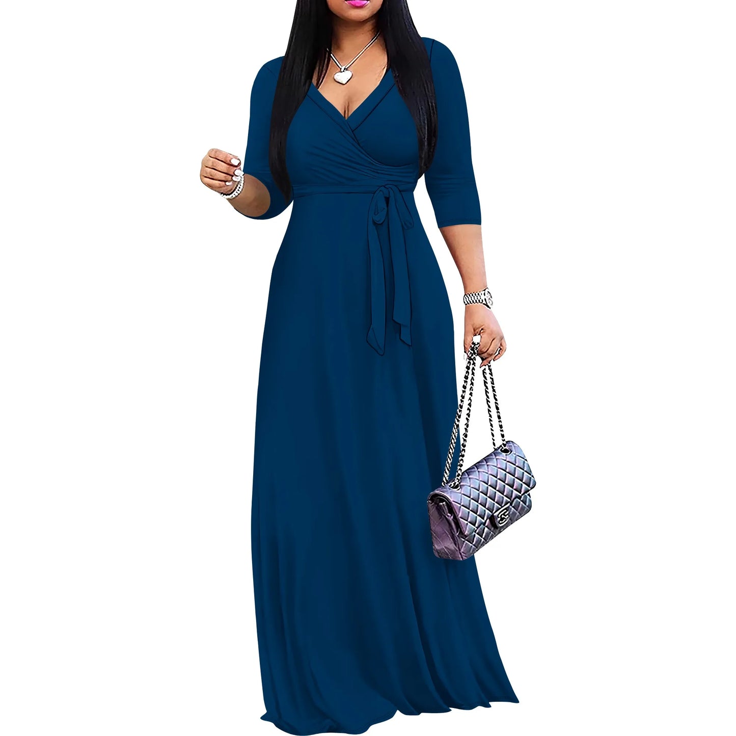 Solid Color Bohemian Summer Long Maxi Dress V-Neck 3/4 Sleeve