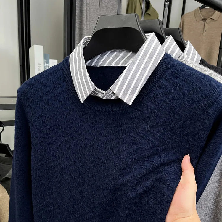 Men's Knitted Sweater With Shirt Collar - Vintage Style Fake Layered Business Casual, Pullover Old Money Style Top
