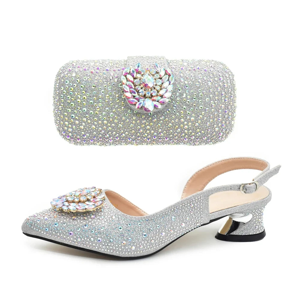 New Fashion Shoes Matching Bag Set Decorated with Crystal Ladies Wedding Party Women High Heel Pumps Luxury Rhiinestone Shoes