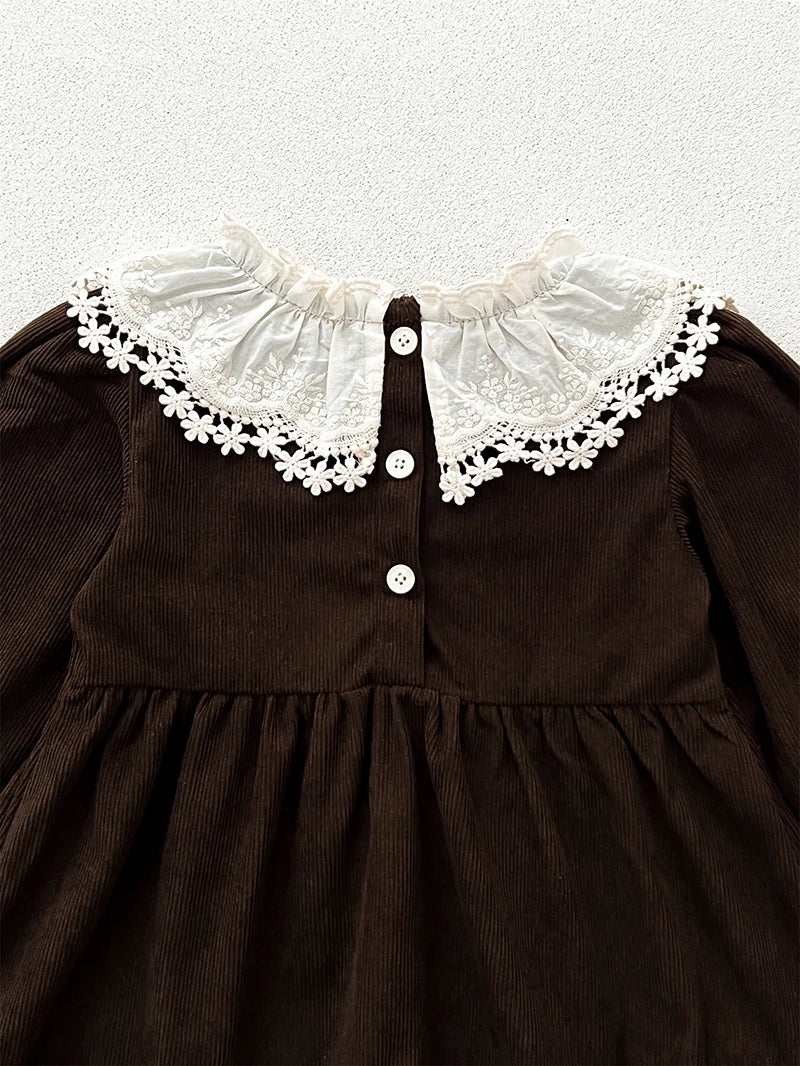 Spring Autumn Girls' Dress Corduroy Long Sleeve Lace Ruffled Collar Dress for Kid's Children's Clothing 2-6Y Girls