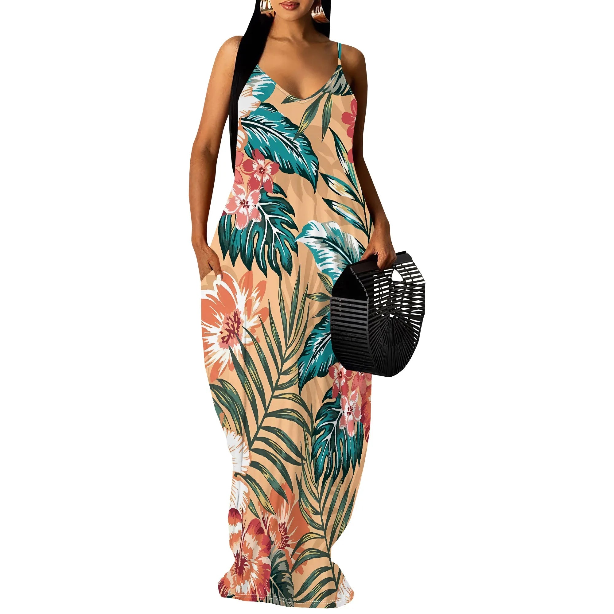 Purple Floral Print Spaghetti Strap Maxi Dress Women Tropical Sleeveless Summer Look