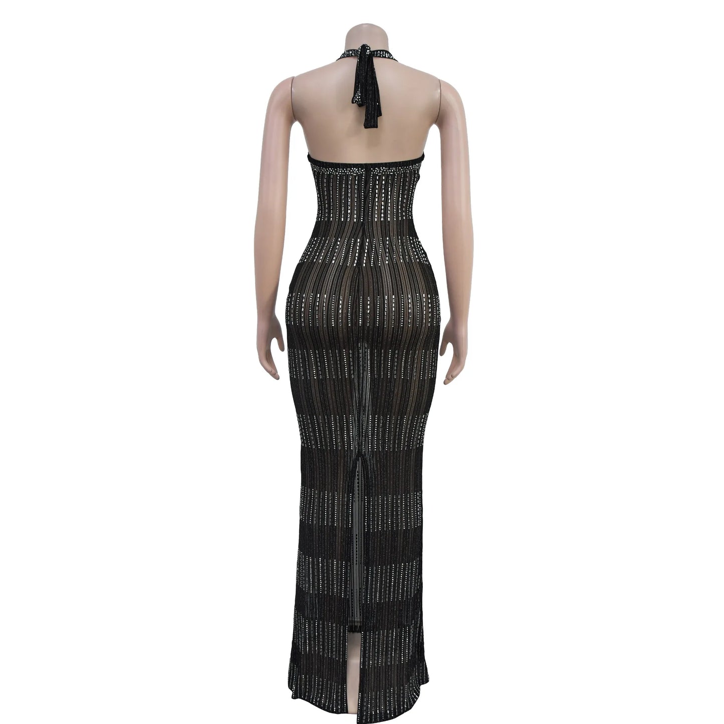 Women's Sexy Halter Sleeveless Backless Embroidered Flares Rhinestone Decor Floor-length Party Dress