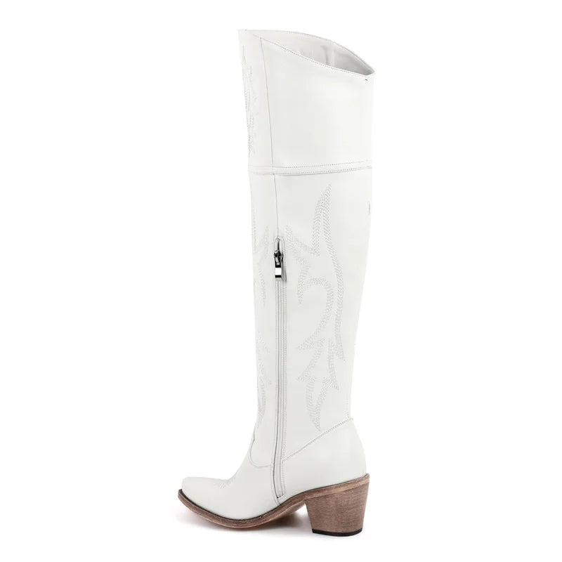 Winter Women  Black Brown Knee High Boots Pointed Toe Chunky Pull On Embroidered Thick Heels Boots Zipper Large Size