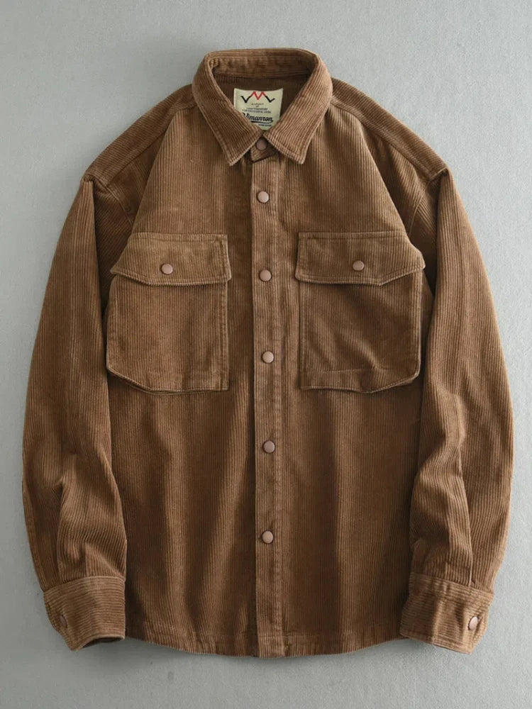 Herfst Winter Nieuw Amerikaans Retro Lange Mouw Revers Verdikt Corduroy Overhemd Heren 100% Katoen Gewassen Dubbele Zak Casual Jas