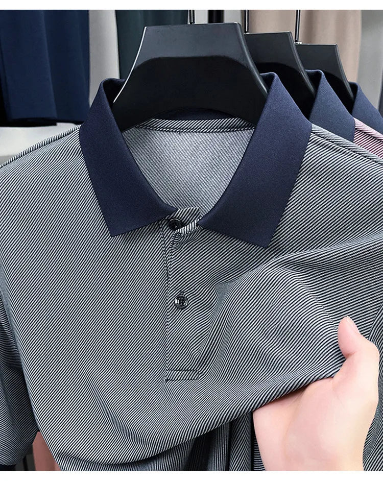 Men’s Breathable Polo Shirt – Stretch Fabric & Striped Design for Office/Casual Use Elastic Comfort and Classic Collar M-4XL