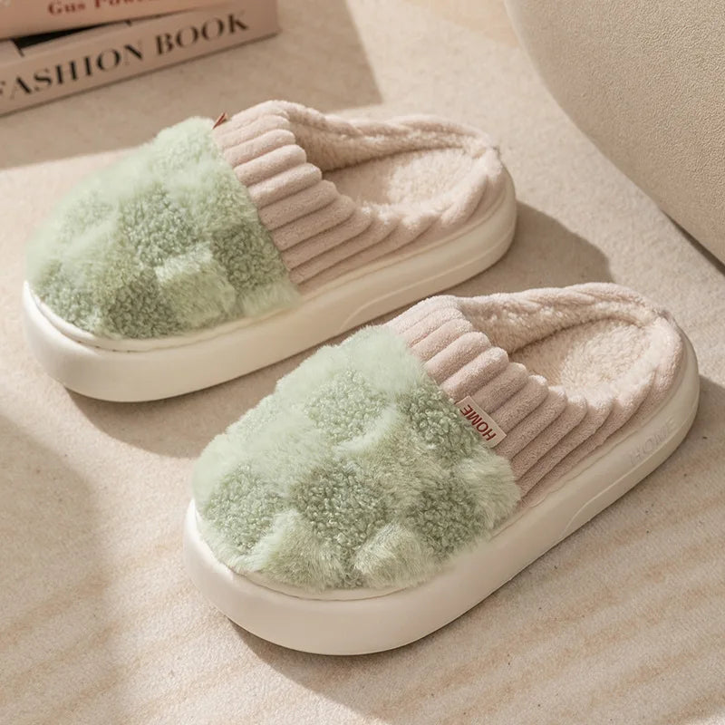 Women's Winter Warm Fur Fuzzy Slippers For Ladies With Pineapple Lattice Soft and Non-Slip Sole Plush Fluffy Cotton Ladies' Shoes