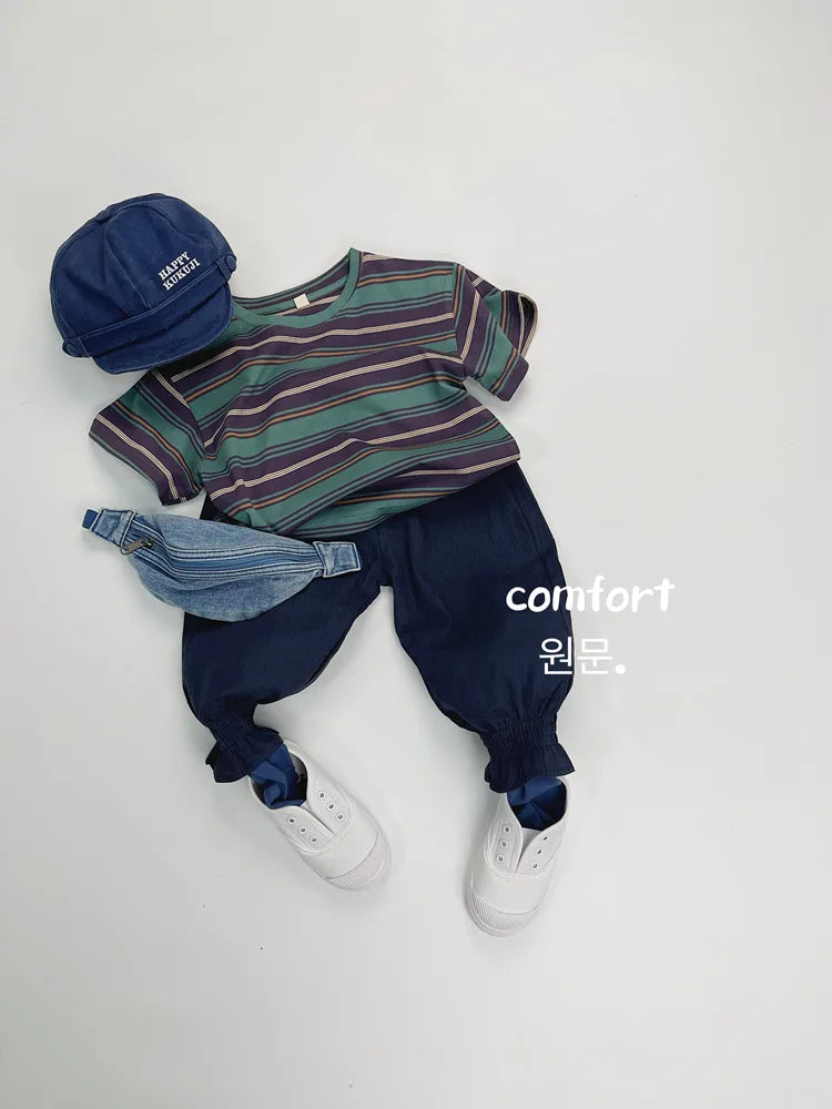 2025 Summer New Children Short Sleeve T-Shirts Cotton Baby Boy Girl Casual Striped Tees Toddler Versatile Tops Kids Clothes