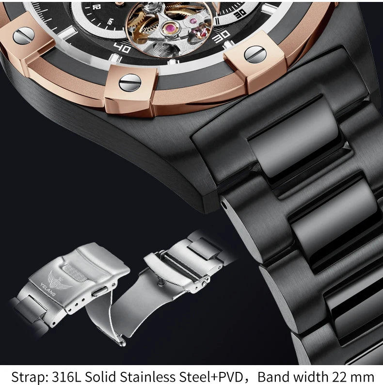 Yelang V1024 Men's 44mm Automatic Mechanical Watch Luminous 100m Water Resistant Japan Miyota 82S7 Movement Stainless Steel Band