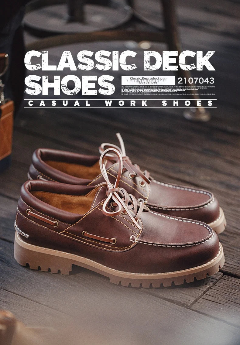 Men's Vintage Second-layer Cowhide Boat Shoes Genuine Leather Derby Shoes Round Toe Low Top Boots British Style Work Shoes