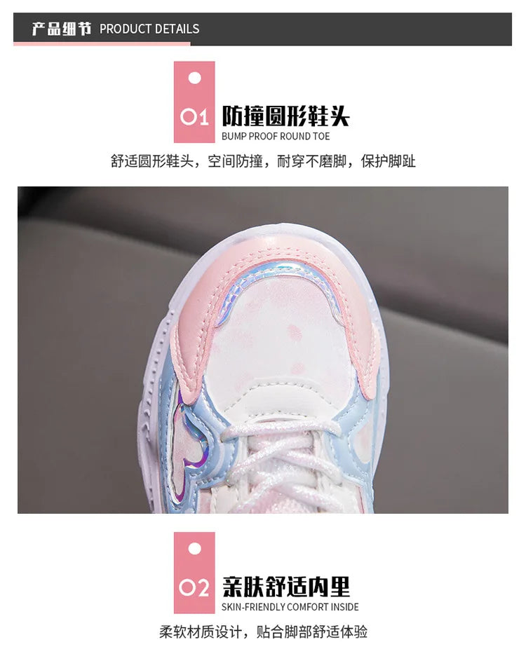 Girls' Casual Shoes Frozen Princess Elsa Sneakers Mesh Leather White Breathable Sole Children's Sport Shoes Size 26-37