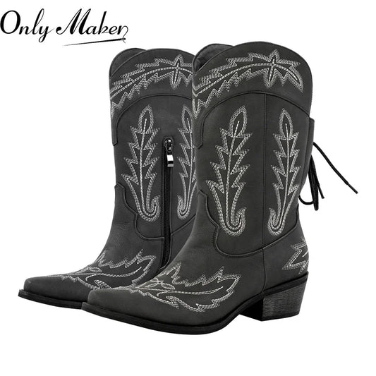 Women Pointed Toe Black Embroidery Western Boots Tapered Heel Round Up  Mid-Calf Western Cowgirl Boots