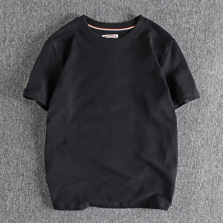 Summer New American Retro Short-sleeved O-neck Solid Color T-shirt Men's Fashion Simple 100% Cotton Washed Casual Sport Tops