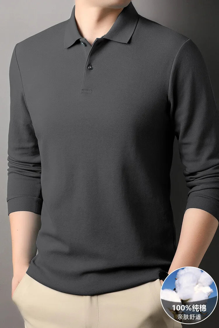 Men's 100% Cotton Polo Shirt, Four Seasons Universal Leisure Long Sleeve, Breathable Lapels T-shirt, Perfect and Durable for Golf Sports