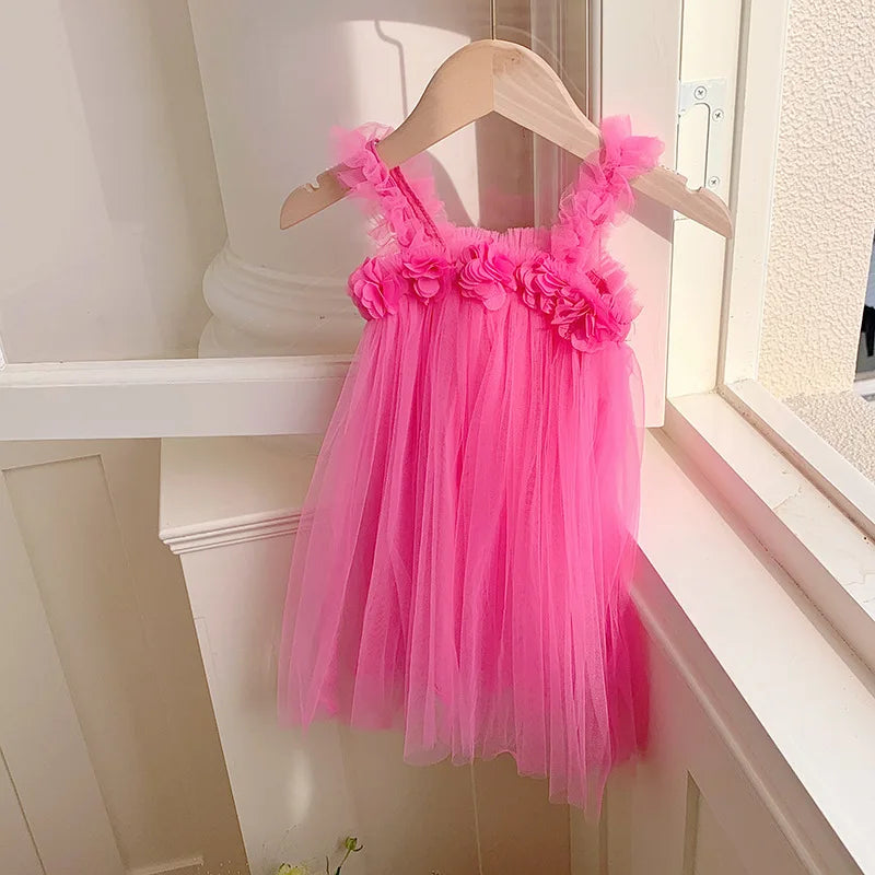 Summer Kids Sweet Mesh Dress Girls 6 Colours Suspended Floral Beach Skirt Children Tutu Princess Dress 1-6Y Girls