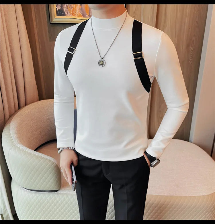 Men's Strap Long-Sleeved T-shirt For Autumn and Winter, Slim Fit Half Turtleneck Bottoming Shirt, Fashion City Knitwear