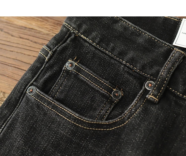 Herfst Nieuwe Amerikaanse Retro Zware Zwarte Denim Stretch Jeans Heren Eenvoudige Gewassen Oude Casual Rechte Slanke Potloodbroek