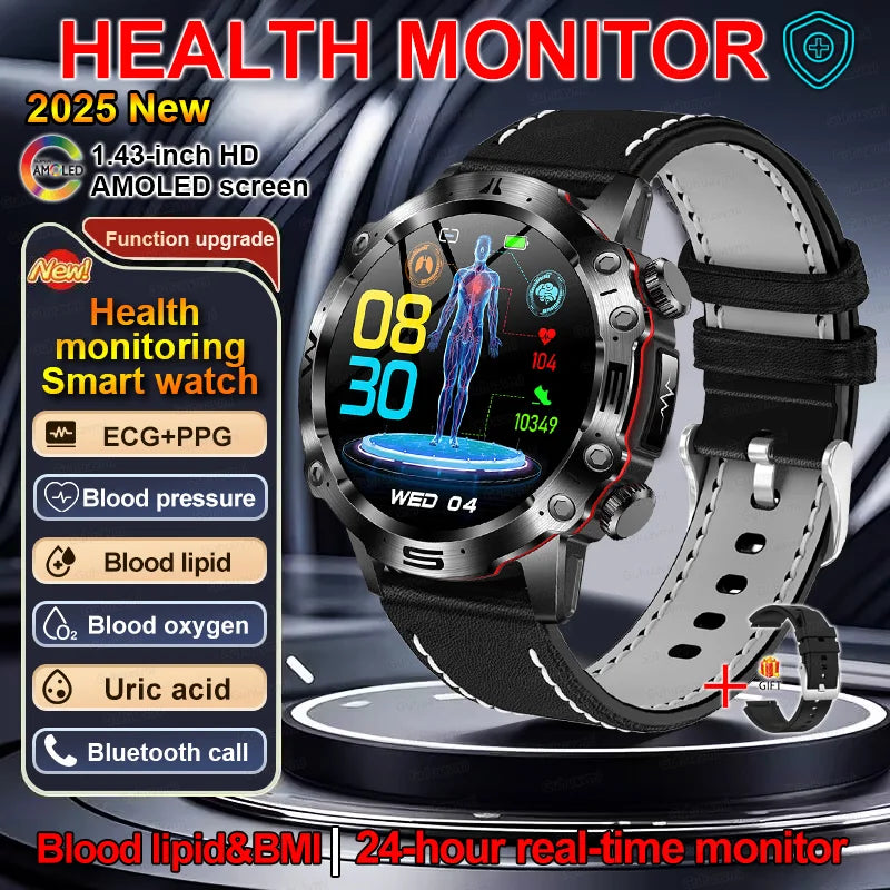 2025 Nieuwe Smart Watch Monitoring Bloeddruk Urinezuur ECG + PPG Fitness Tracker Klok Bluetooth Call Health Smartwatch Voor Mannen